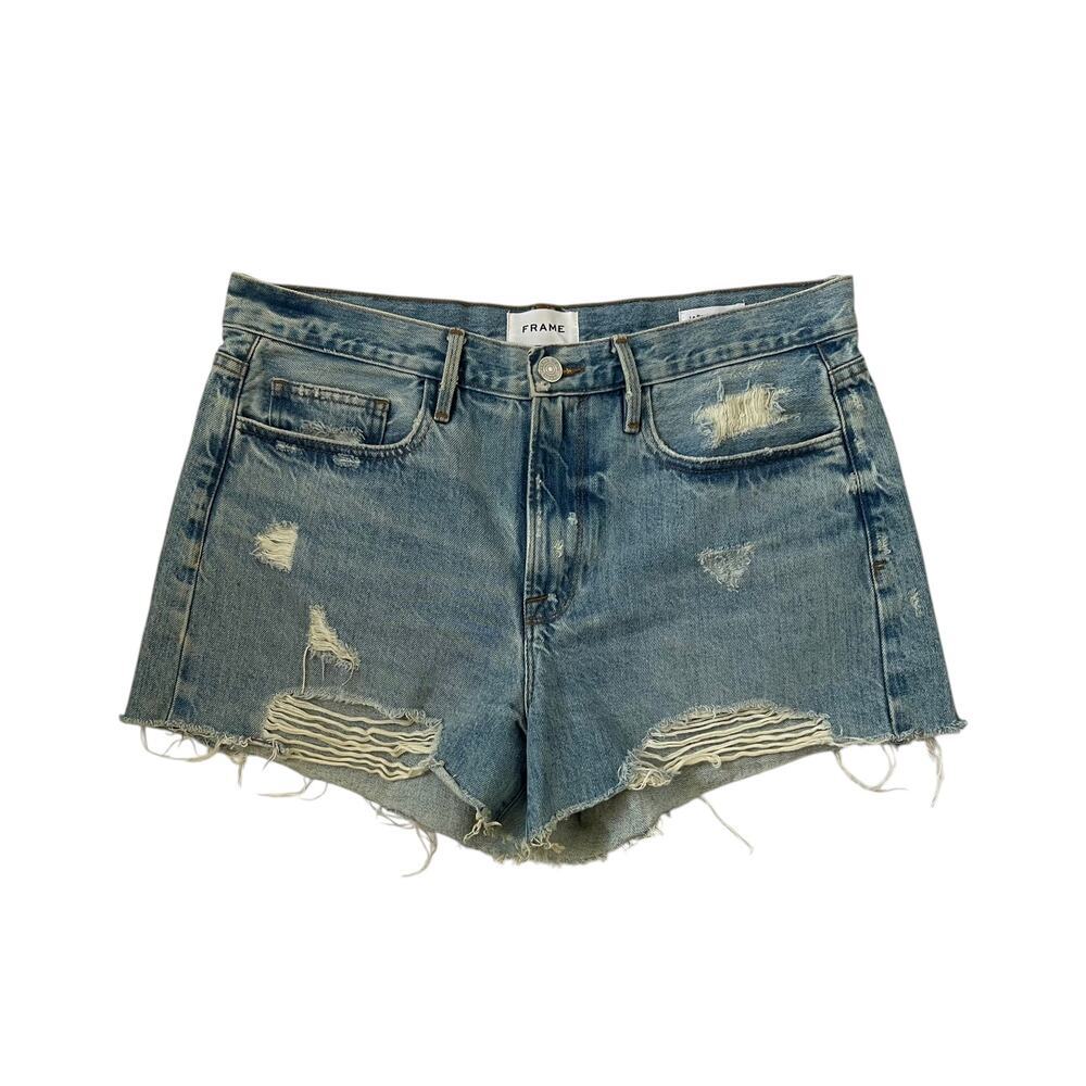 FRAME Le Bardot Straight Shorts - Distressed Cut-Off Denim - Blue - Size 30